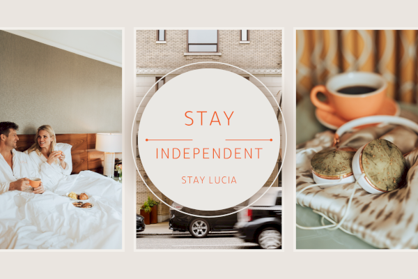 Three-panel collage: Couple in bed with breakfast,