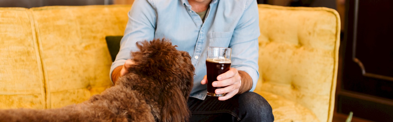 A man is sitting on a yellow couch, smiling and petting a dog, while holding a glass of beer.