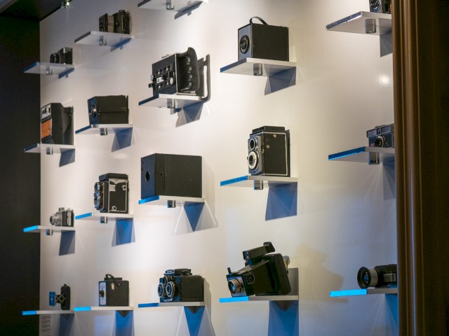 The image shows a display wall with various vintage cameras arranged on small shelves, all backlit with blue lights, in a museum or store.