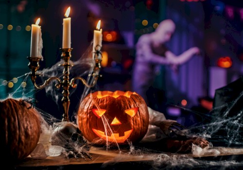 A Halloween scene with carved jack-o’-lanterns, cobwebs, candles on a candelabrum, spooky decorations, and a blurred figure in the background, eerie.